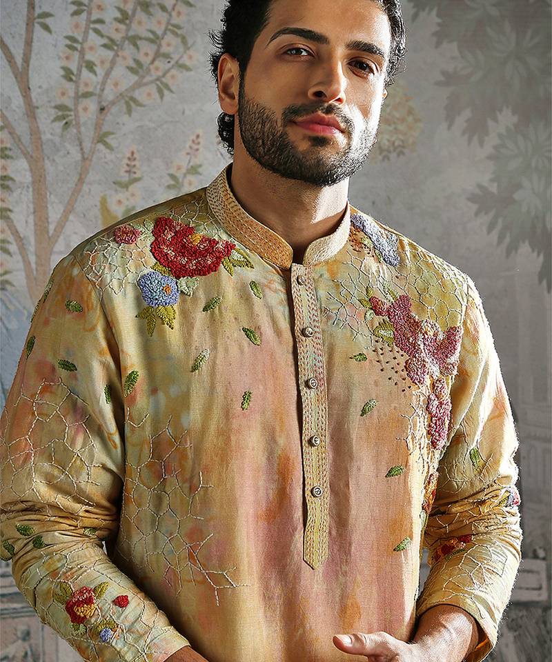 Yellow printed chanderi silk kurta set
