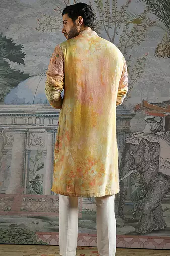 Yellow printed chanderi silk kurta set