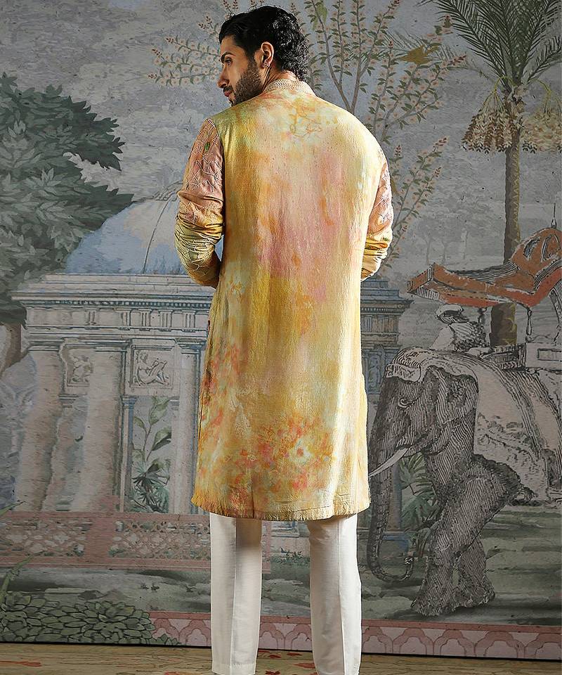 Yellow printed chanderi silk kurta set