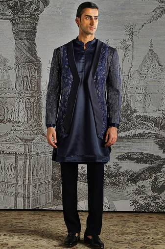 Blue embroidered raw silk indo western set