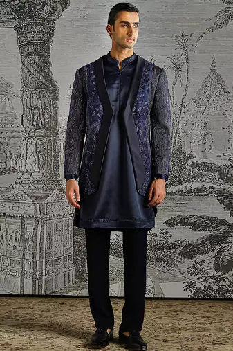 Blue embroidered raw silk indo western set