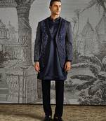 Blue embroidered raw silk indo western set