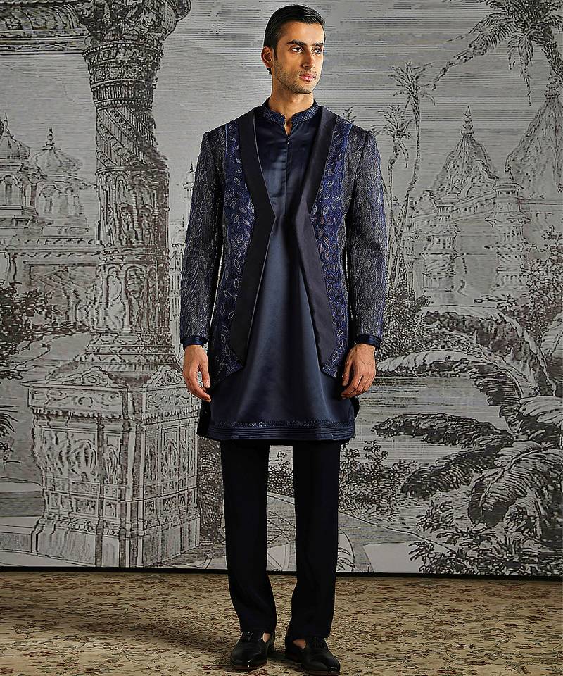 Blue embroidered raw silk indo western set