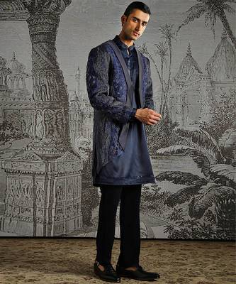 Blue embroidered raw silk indo western set 2