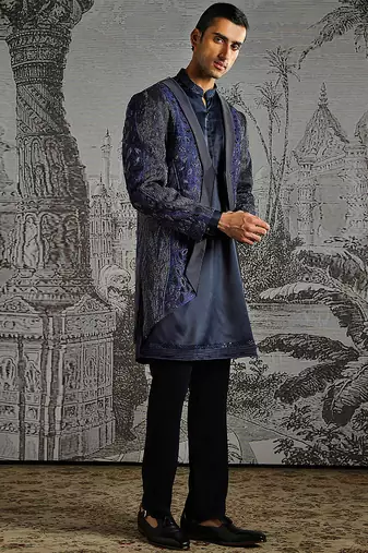 Blue embroidered raw silk indo western set