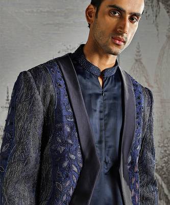 Blue embroidered raw silk indo western set 3
