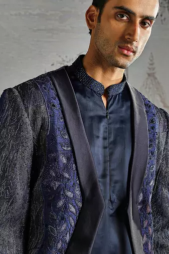 Blue embroidered raw silk indo western set