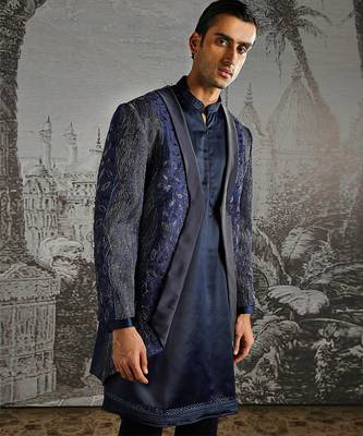 Blue embroidered raw silk indo western set 4