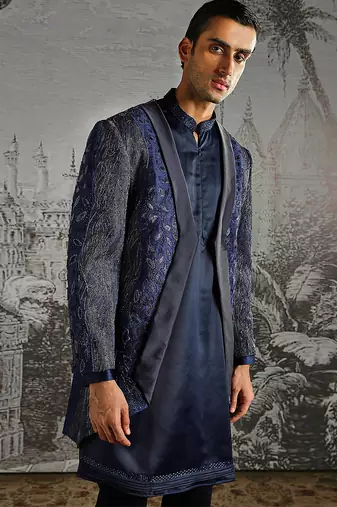 Blue embroidered raw silk indo western set