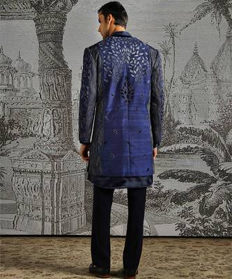 Blue embroidered raw silk indo western set 5