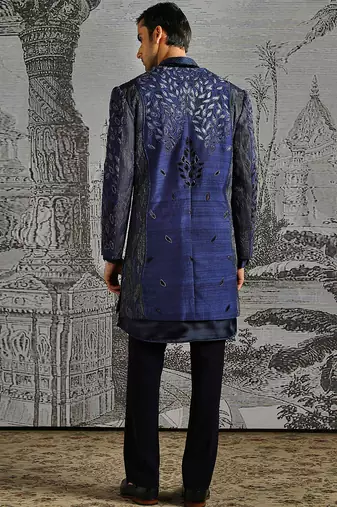 Blue embroidered raw silk indo western set