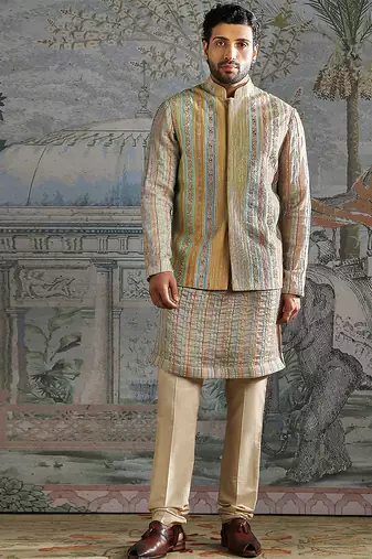 Beige embroidered silk kurta bundi set
