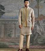 Beige embroidered silk kurta bundi set