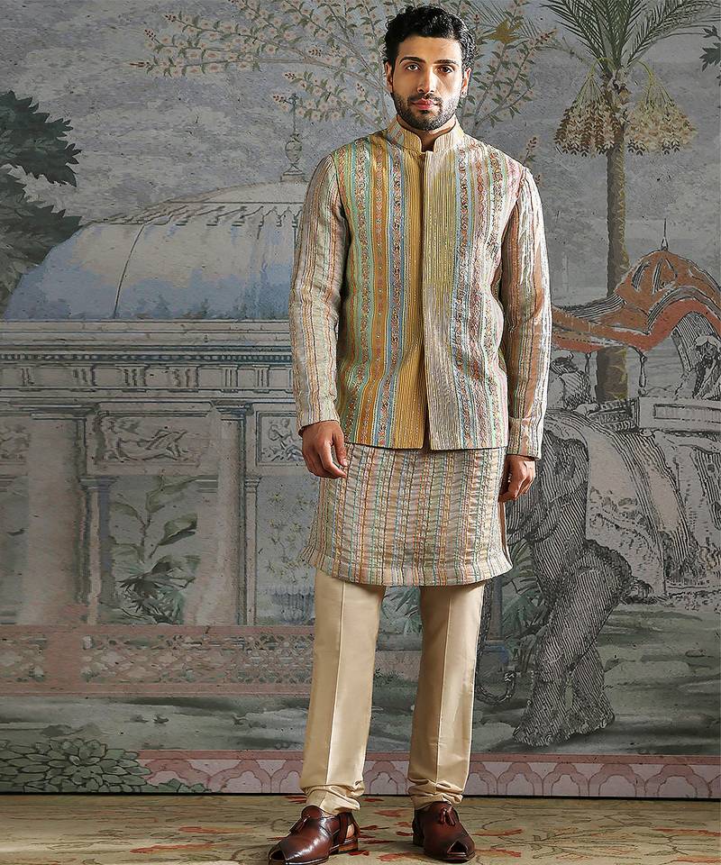 Beige embroidered silk kurta bundi set