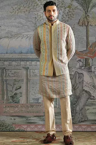 Beige embroidered silk kurta bundi set