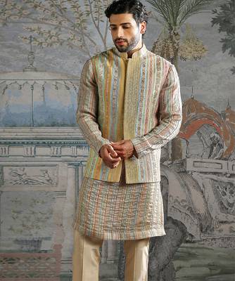 Beige embroidered silk kurta bundi set 3