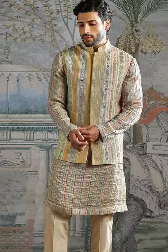 Beige embroidered silk kurta bundi set