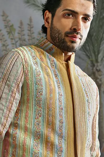 Beige embroidered silk kurta bundi set