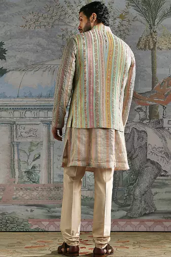 Beige embroidered silk kurta bundi set