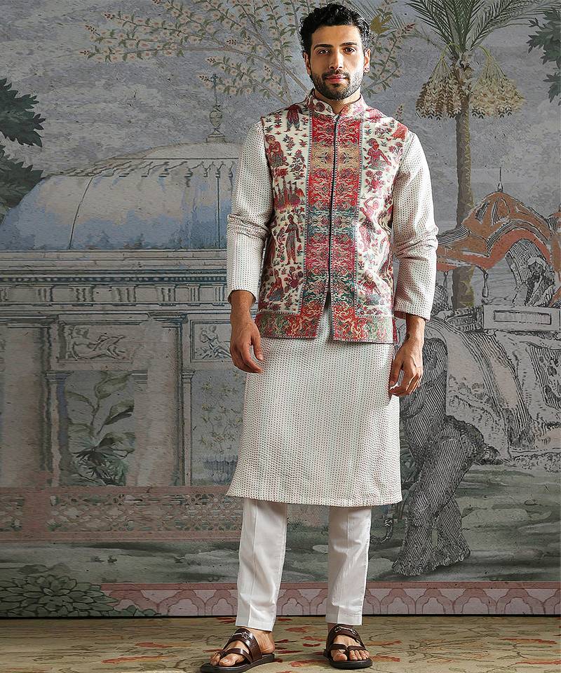 Multicolor printed pashmina kurta bundi set