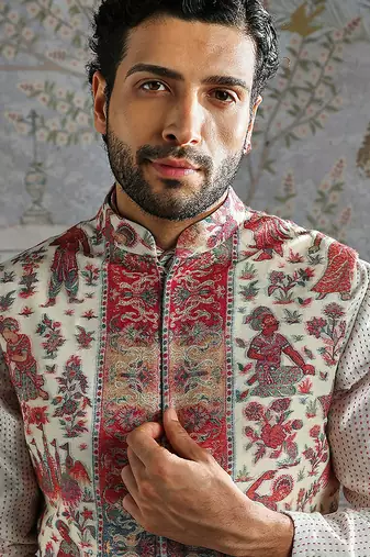 Multicolor printed pashmina kurta bundi set