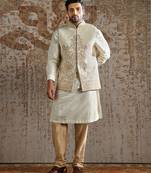 White embroidered silk kurta bundi set