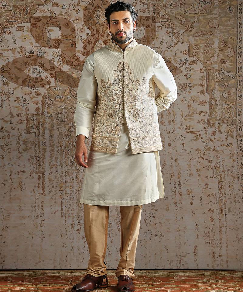 White embroidered silk kurta bundi set