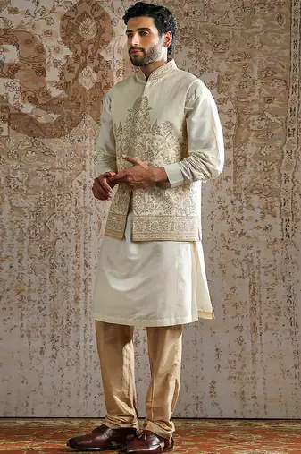 white embroidered silk kurta bundi set for men