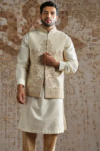 white embroidered silk kurta bundi set for men