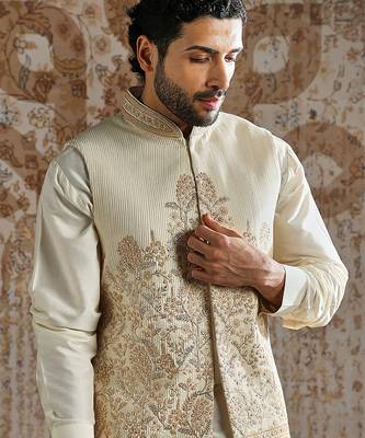 white embroidered silk kurta bundi set for men 4