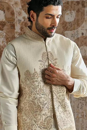 white embroidered silk kurta bundi set for men