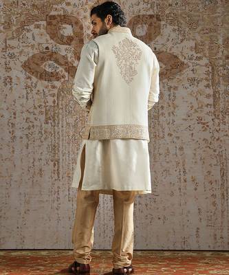 white embroidered silk kurta bundi set for men 5