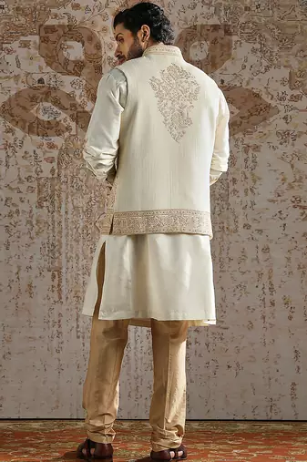white embroidered silk kurta bundi set for men