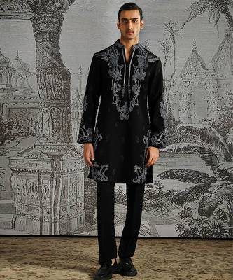 black embroidered faux kurta set for men 1