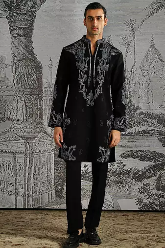 Black embroidered faux kurta set