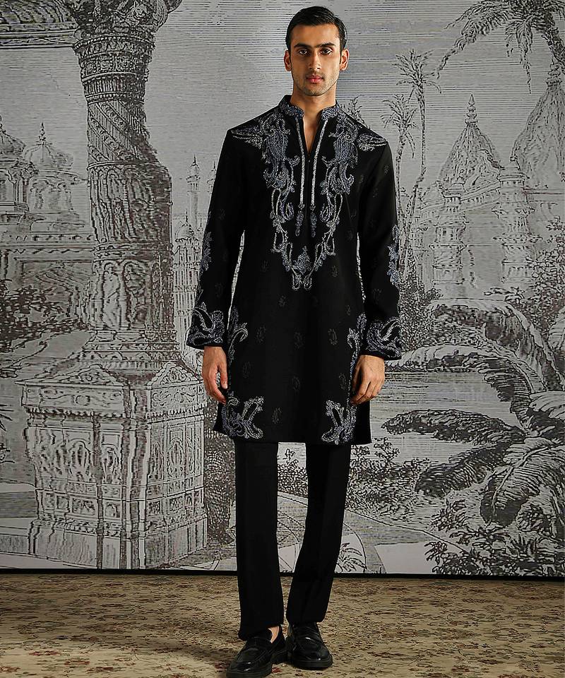 Black embroidered faux kurta set