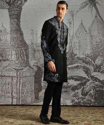 black embroidered faux kurta set for men 2