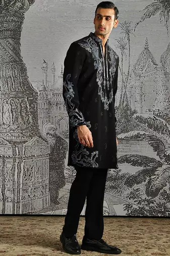 black embroidered faux kurta set for men
