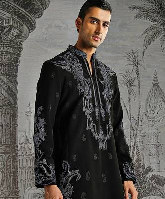 black embroidered faux kurta set for men 3