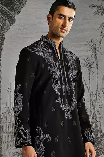 black embroidered faux kurta set for men