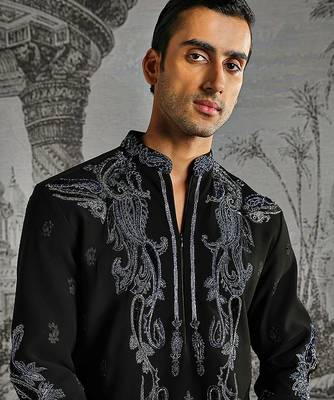 black embroidered faux kurta set for men 4