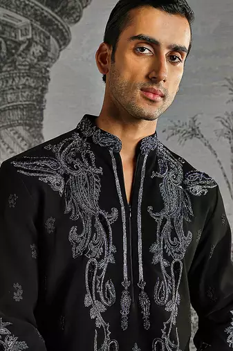 black embroidered faux kurta set for men