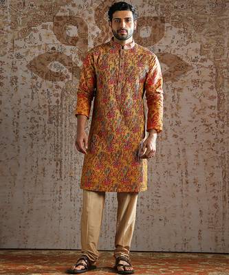 yellow printed silk kurta set for men 1