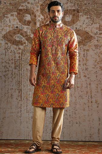 Yellow printed silk kurta set