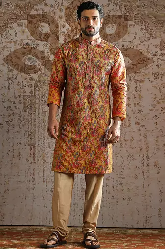 Yellow printed silk kurta set