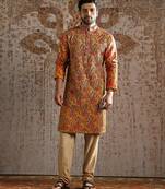 Yellow printed silk kurta set