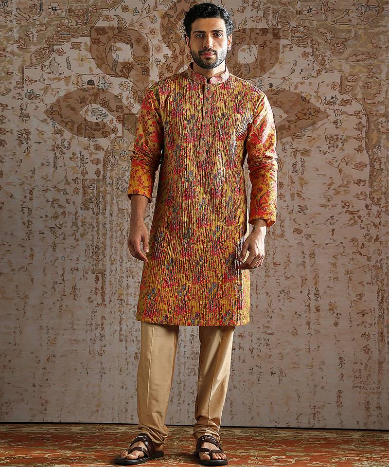 Yellow printed silk kurta set