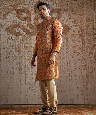 yellow printed silk kurta set for men 2
