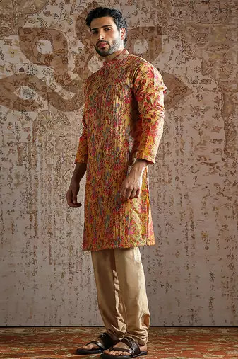 yellow printed silk kurta set for men