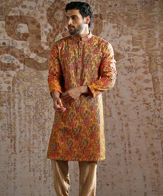 yellow printed silk kurta set for men 3